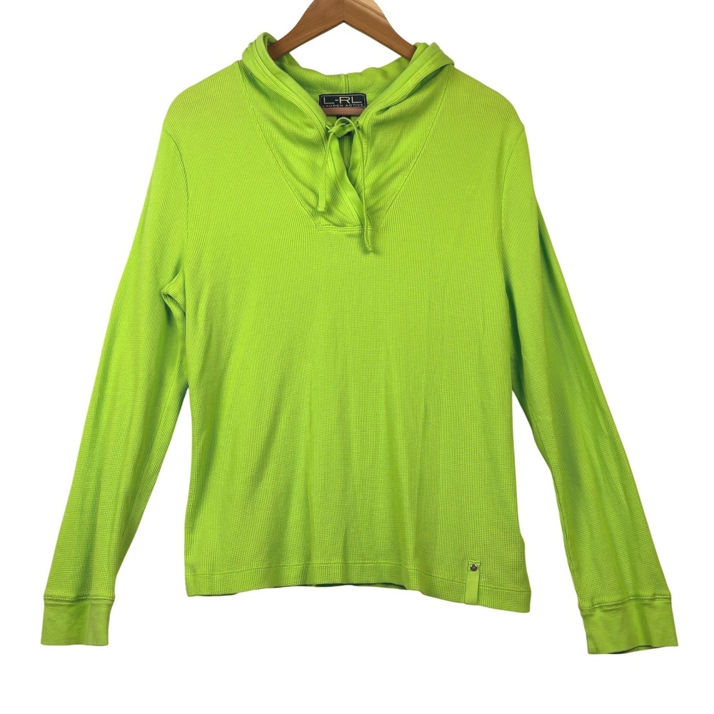 Lauren Active Ralph Lauren Women Waffle Knit Hoodie Split Neck Top XL Lime Green